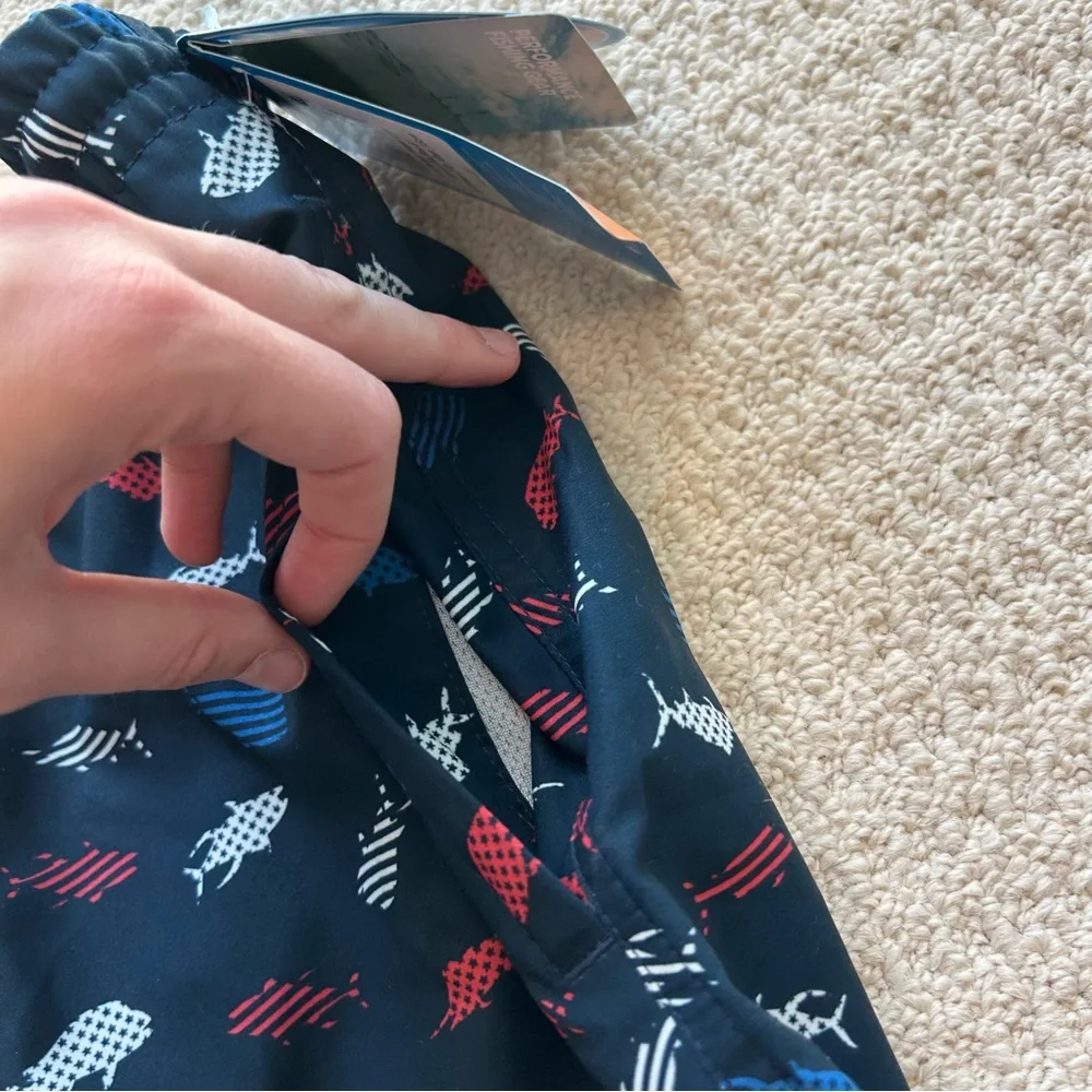 Columbia Navy Blue Red White Fish Print Swim Trunks